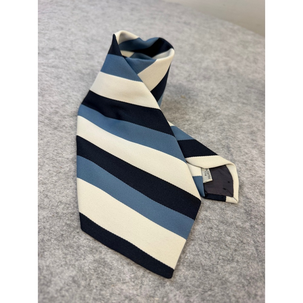 Beau Brummell Vintage Mens Striped Tie Navy‎ Blue Slate Cream Polyester 4 Inch